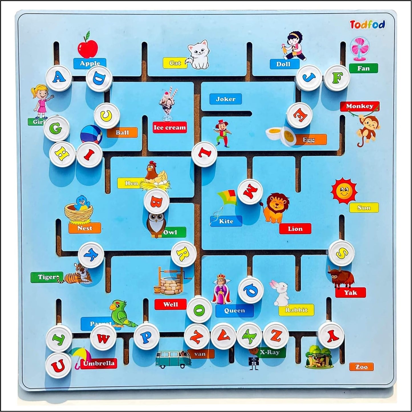 TodFod Wooden Toys ABCD Maze Learning Toys (26 Pieces) Brain Games for Kids (Multicolour)