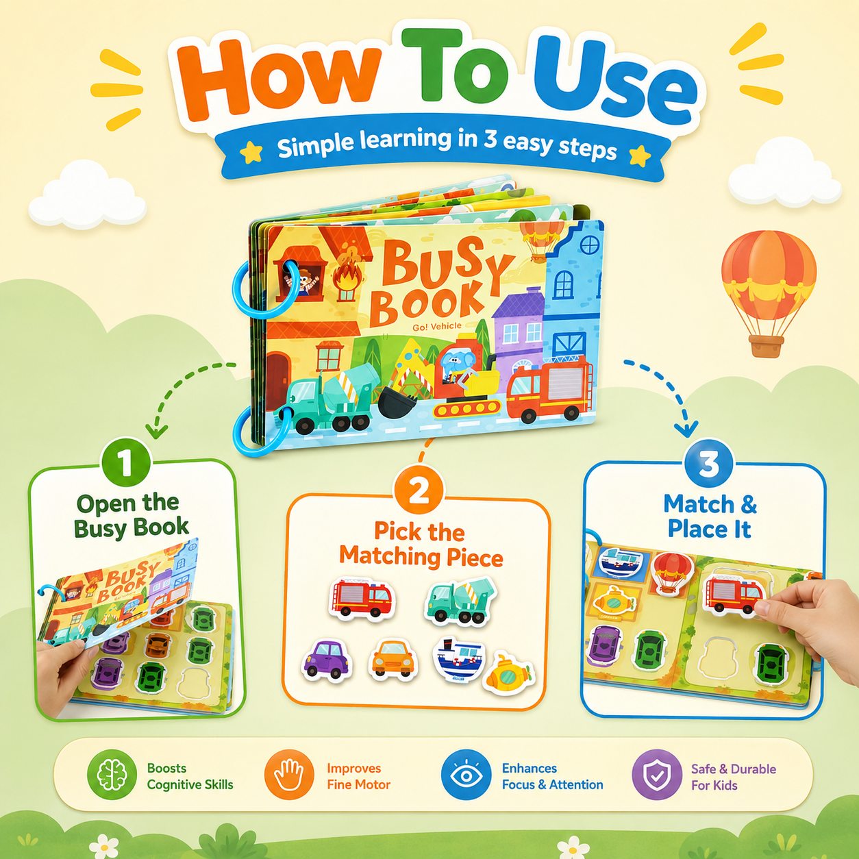 Reusable Vehicle Velcro Busy Book for Toddlers | Transportation Matching & Learning Activity Book