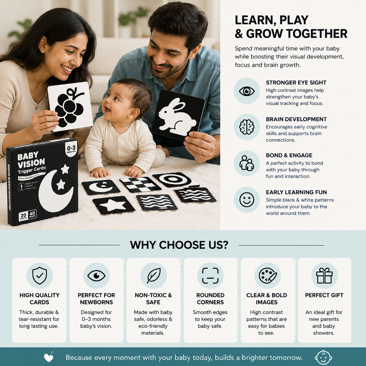 Baby Vision Trigger Cards for 0-3 Months Newborn Babies | Black and White High Contrast Visual Cards for Infant Brain Development, Eye Tracking & Visual Stimulation