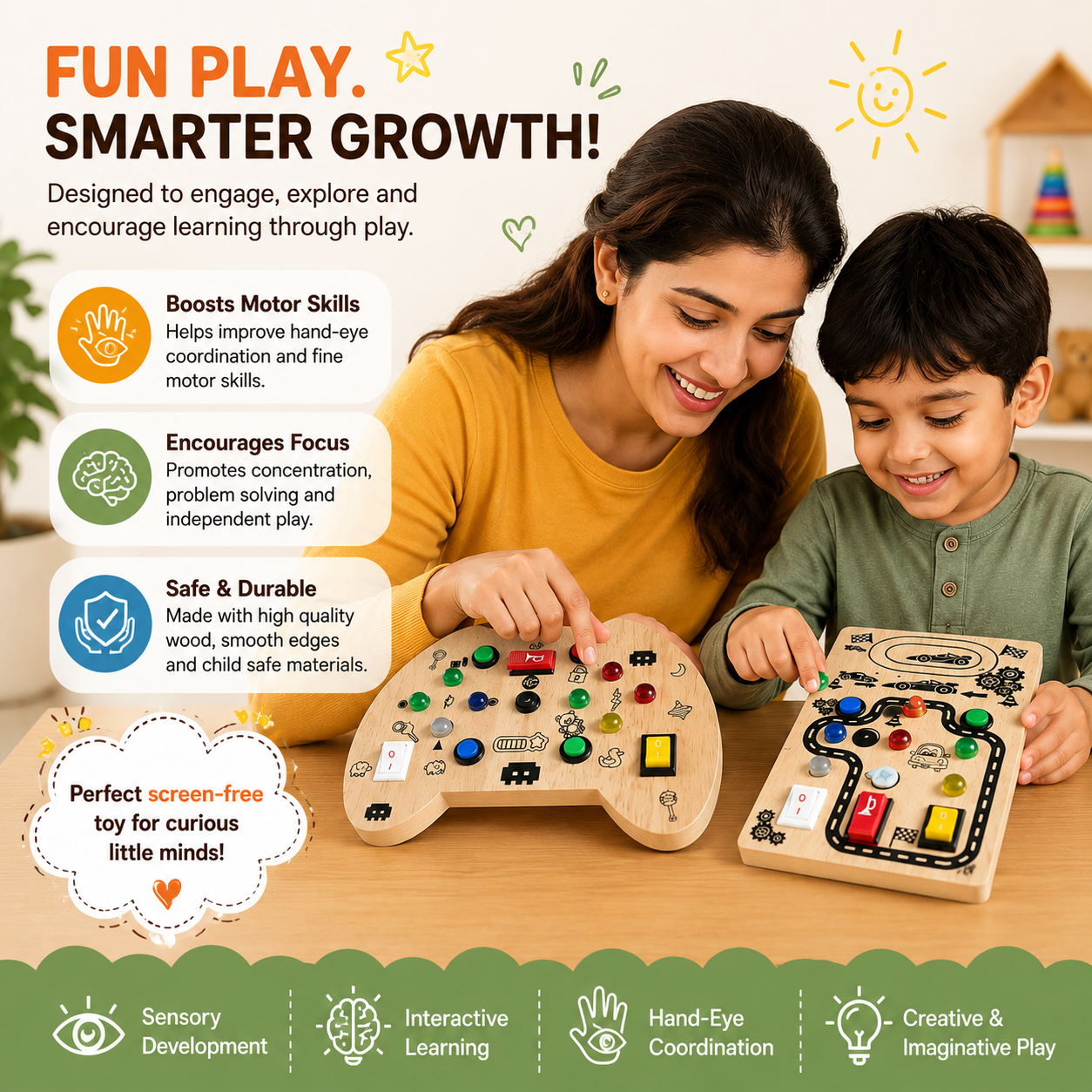 Wooden Montessori Busy Board Collection Set for Toddlers with Rocket, Dinosaur, Game Controller & Car Track Sensory Activity Toys