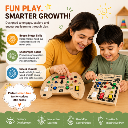 Wooden Montessori Busy Board Collection Set for Toddlers with Rocket, Dinosaur, Game Controller & Car Track Sensory Activity Toys