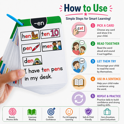 Phonics Flashcards for Kids - Short Vowel Word Families Learning Cards with Ring Binder