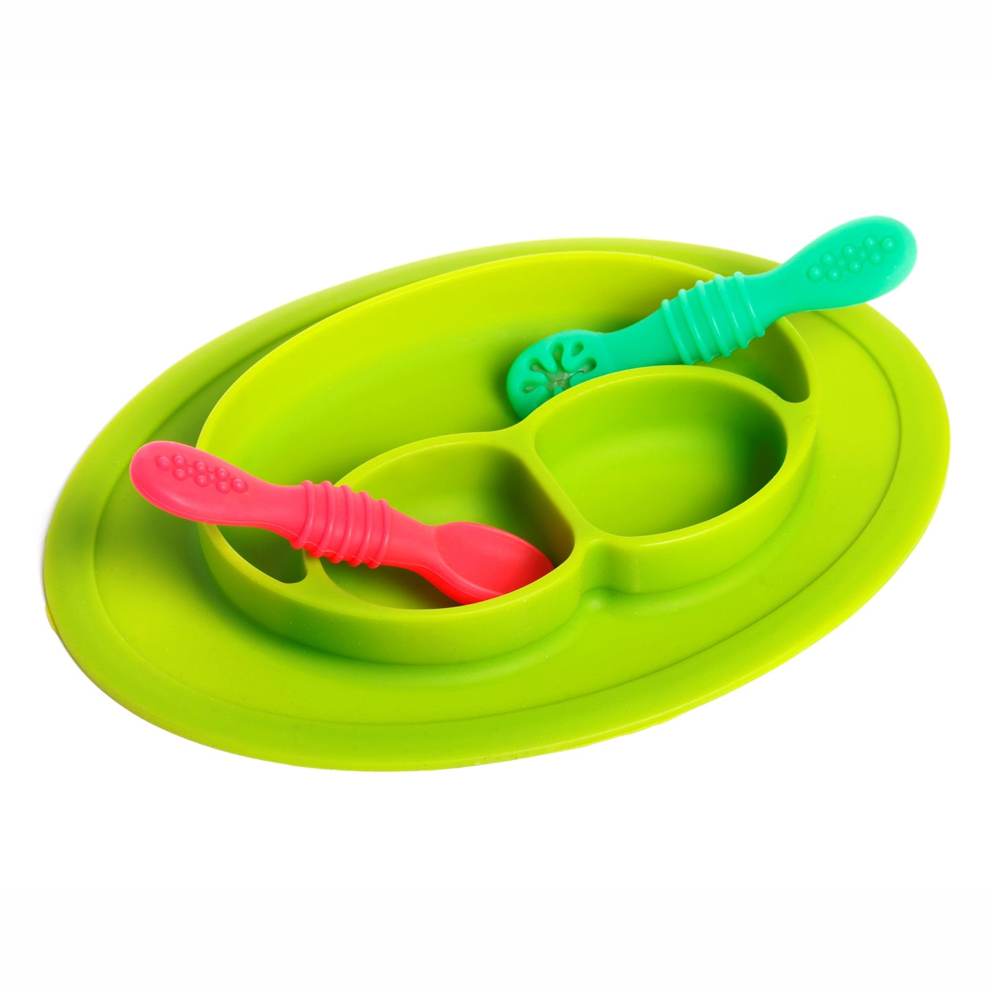 Baby Food Oval Tray - Silicon Plate with Multiple Compartments & Two Spoons