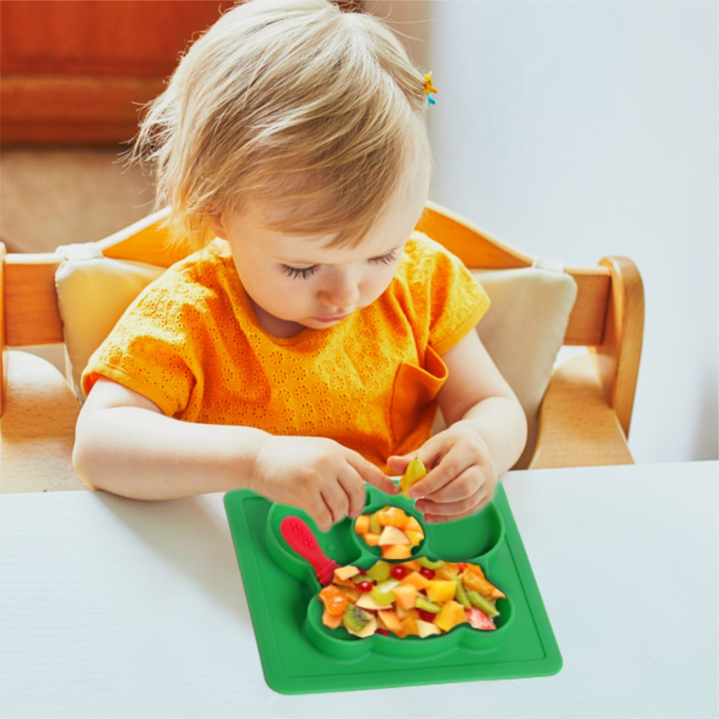 Baby Food Tray - Silicon Plate with Multiple Compartments & Two Spoons