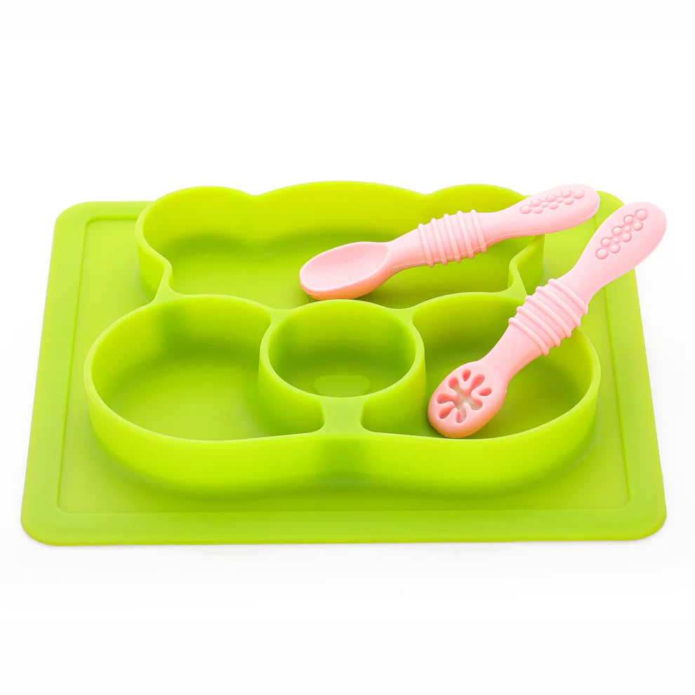 Baby Food Tray - Silicon Plate with Multiple Compartments & Two Spoons