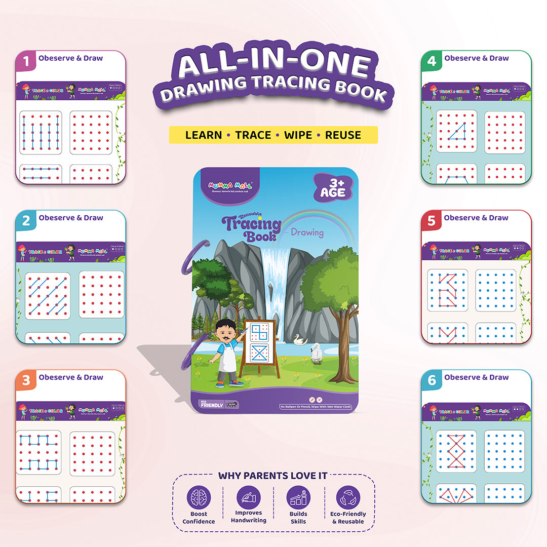 Mumma Mall Reusable Tracing Book Combo Set – Pack of 6 Books with 8 Front & Back Printed Practice Pages in Each book with 4 Markers & 1 Duster for Reuse the book