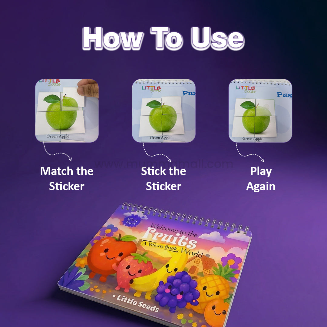 Fruits Puzzle and Matching Book for Kids with Velcro Activities, Sorting Tasks, Maze Games and Reusable Learning Pages