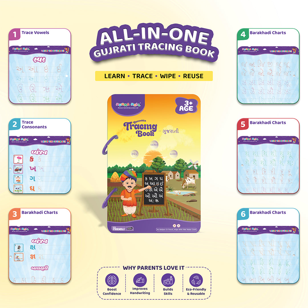 Mumma Mall Reusable Tracing Book Combo Set – Pack of 6 Books with 8 Front & Back Printed Practice Pages in Each book with 4 Markers & 1 Duster for Reuse the book