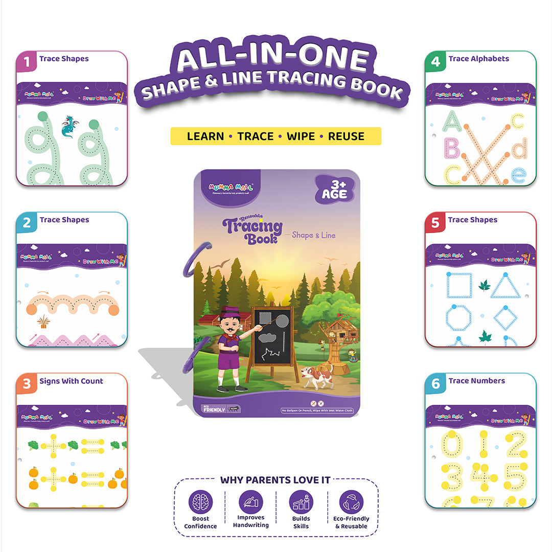 Mumma Mall Reusable Tracing Book Combo Set – Pack of 6 Books with 8 Front & Back Printed Practice Pages in Each book with 4 Markers & 1 Duster for Reuse the book