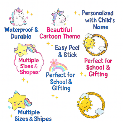 Personalized Waterproof Kids Name Stickers – Cute Animal Designs for Bottles, Lunch Boxes & School