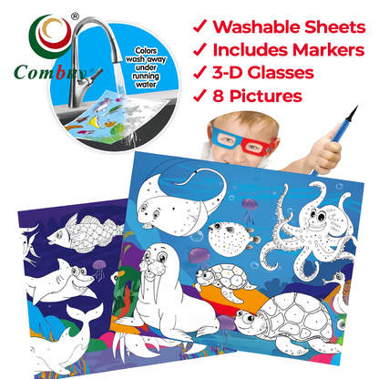 Kids’ 3D Animal Coloring Book with Markers – Includes 8 Animal Scenes & Free 3D Glasses – Screen-Free Learning for Children