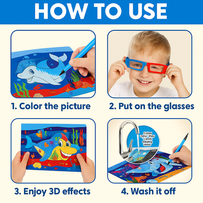 Kids’ 3D Animal Coloring Book with Markers – Includes 8 Animal Scenes & Free 3D Glasses – Screen-Free Learning for Children