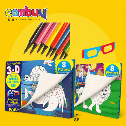 Kids’ 3D Animal Coloring Book with Markers – Includes 8 Animal Scenes & Free 3D Glasses – Screen-Free Learning for Children