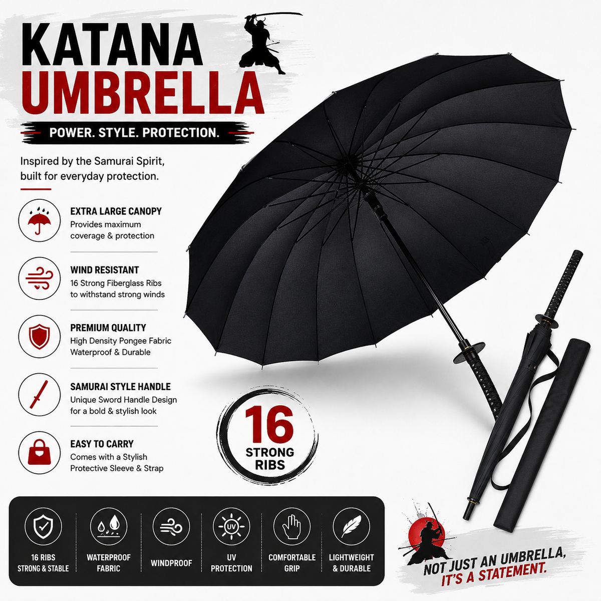 ShadowKat™ Samurai Sword Umbrella – 16 Rib Windproof Waterproof Katana Handle Umbrella with Carry Sleeve