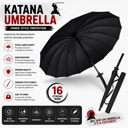 ShadowKat™ Samurai Sword Umbrella – 16 Rib Windproof Waterproof Katana Handle Umbrella with Carry Sleeve