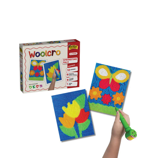 Woolcro Creative Wool Art Kit for Kids – DIY Screen-Free Craft Set with 10 Fun Designs, 6 Color Wool Spools, Wool Pen & Velcro Sheets (Age 5+)