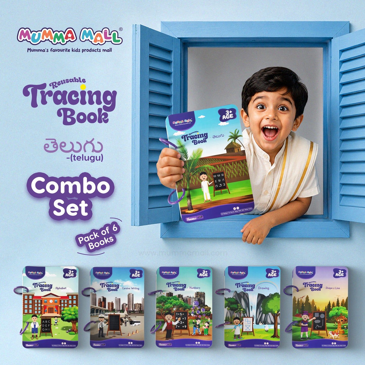 Mumma Mall Reusable Tracing Book Combo Set – Pack of 6 Books with 8 Front & Back Printed Practice Pages in Each book with 4 Markers & 1 Duster for Reuse the book