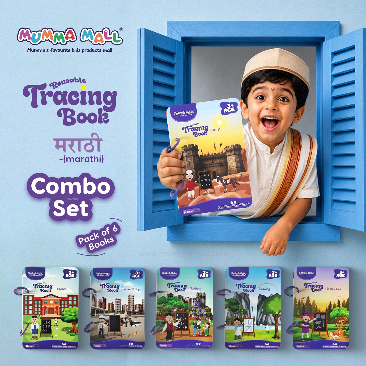 Mumma Mall Reusable Tracing Book Combo Set – Pack of 6 Books with 8 Front & Back Printed Practice Pages in Each book with 4 Markers & 1 Duster for Reuse the book