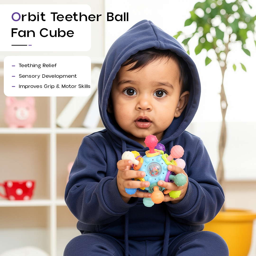 Orbit ball - Sensory Teether & Rattle Toy for Babies | Soft Silicone Baby Teether for 3–12 Months | Montessori Teething Toy | BPA-Free Infant Chewing Toy