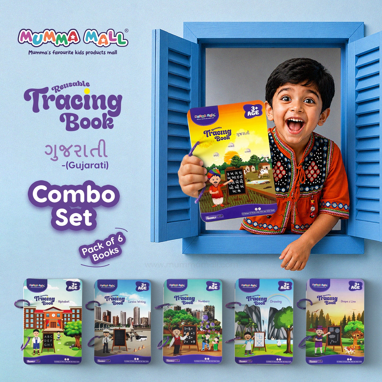 Mumma Mall Reusable Tracing Book Combo Set – Pack of 6 Books with 8 Front & Back Printed Practice Pages in Each book with 4 Markers & 1 Duster for Reuse the book