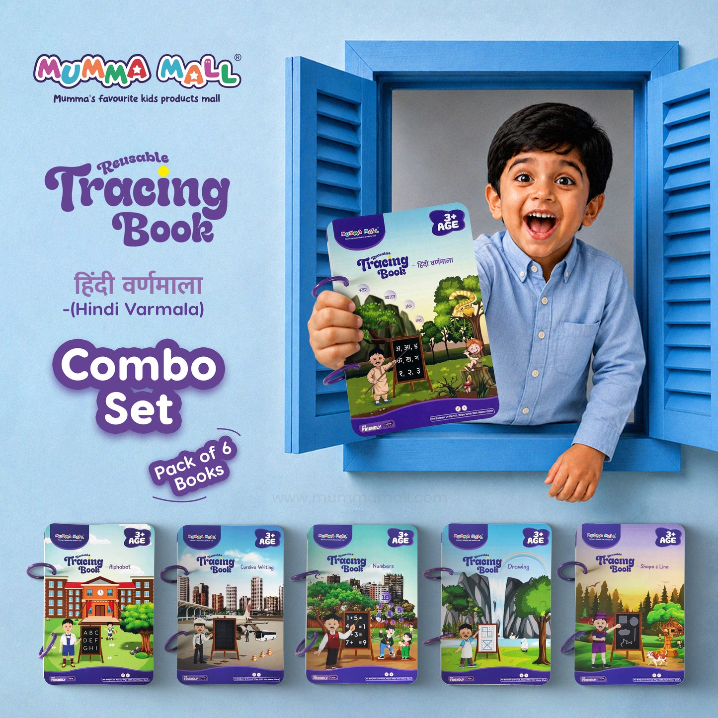 Mumma Mall Reusable Tracing Book Combo Set – Pack of 6 Books with 8 Front & Back Printed Practice Pages in Each book with 4 Markers & 1 Duster for Reuse the book