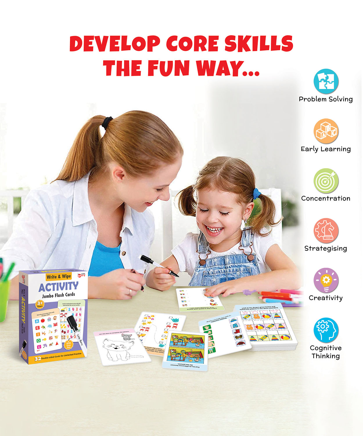 Activity jumbo flash cards for kids [32 Reusable Double-Sided Cards ]