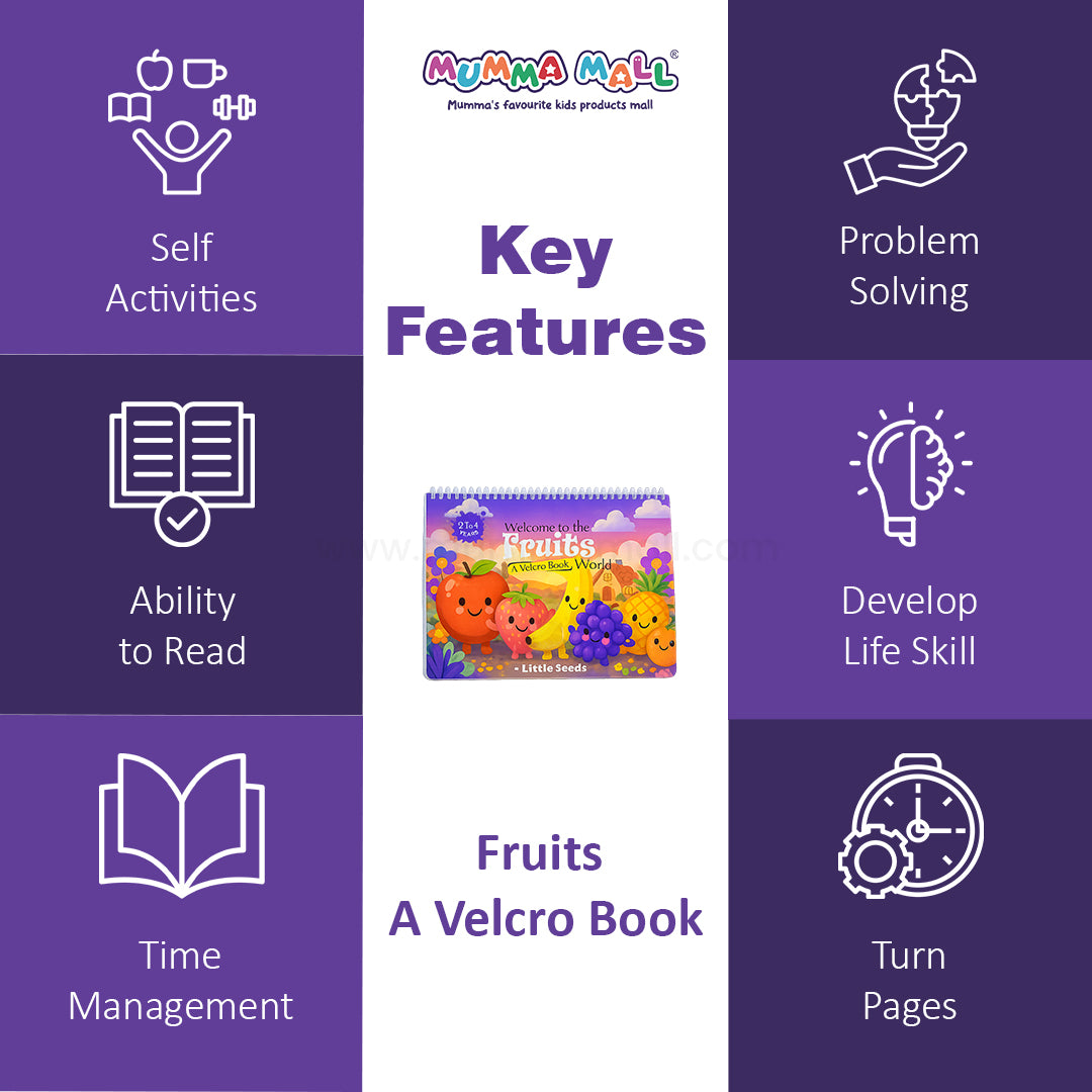 Fruits Puzzle and Matching Book for Kids with Velcro Activities, Sorting Tasks, Maze Games and Reusable Learning Pages