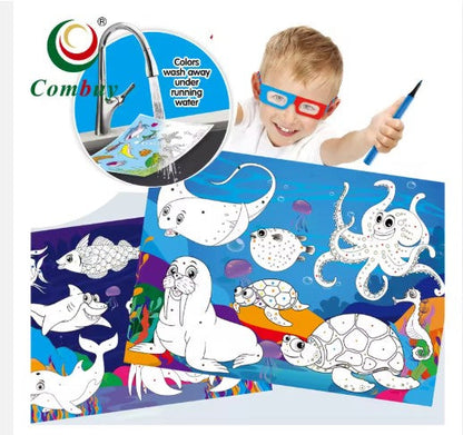 Kids’ 3D Animal Coloring Book with Markers – Includes 8 Animal Scenes & Free 3D Glasses – Screen-Free Learning for Children