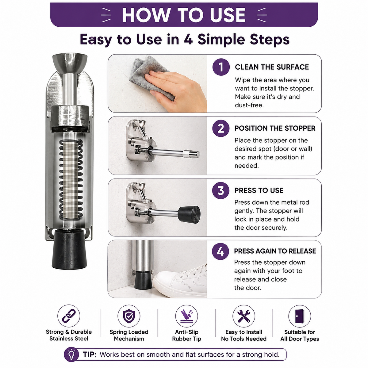 Heavy-Duty Retractable Door Stopper with Anti-Slip Rubber Grip and Screw Mount