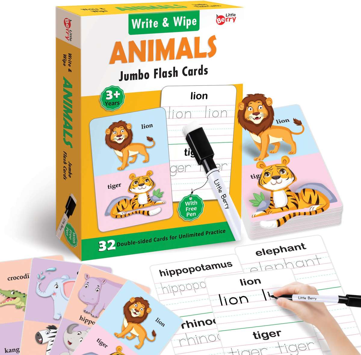 Animal jumbo flash cards for kids (32 DOUBLE SIDED CARDS)