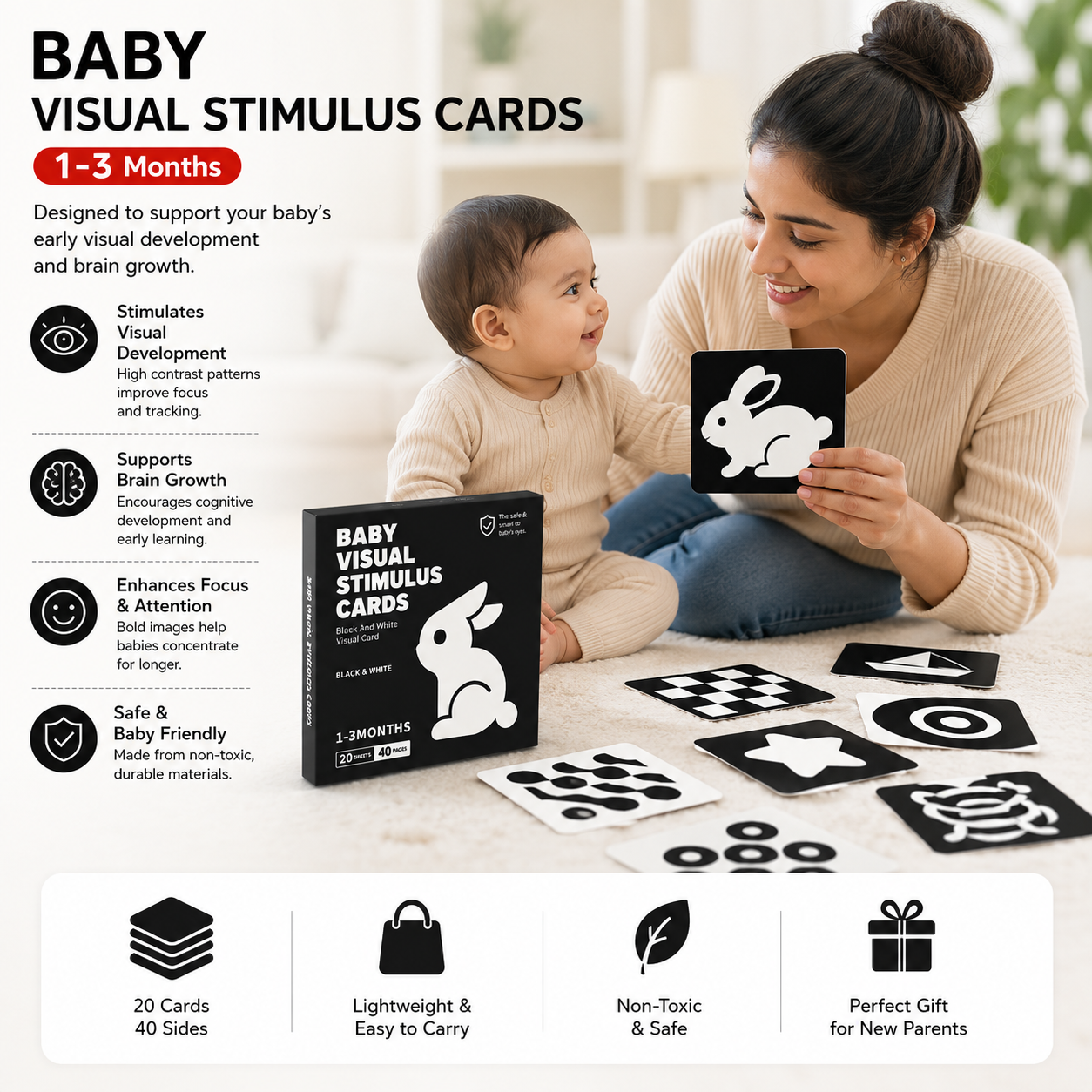 Baby Vision Trigger Cards for 0-3 Months Newborn Babies | Black and White High Contrast Visual Cards for Infant Brain Development, Eye Tracking & Visual Stimulation