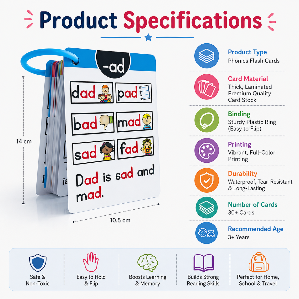 Phonics Flashcards for Kids - Short Vowel Word Families Learning Cards with Ring Binder
