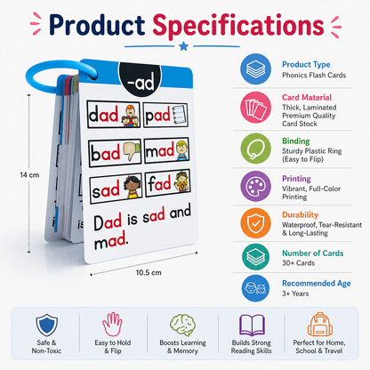 Phonics Flashcards for Kids - Short Vowel Word Families Learning Cards with Ring Binder