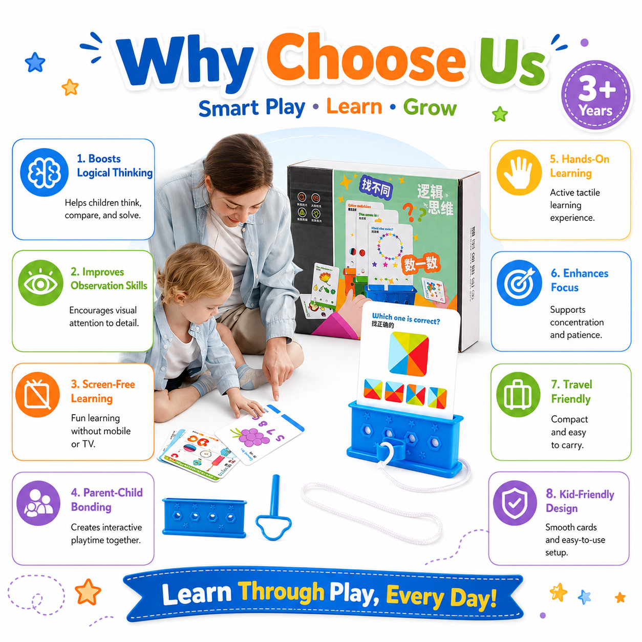 Kids Logical Thinking Puzzle Card Game with Answer Box – Educational Brain Development Toy for Pattern Matching & Counting