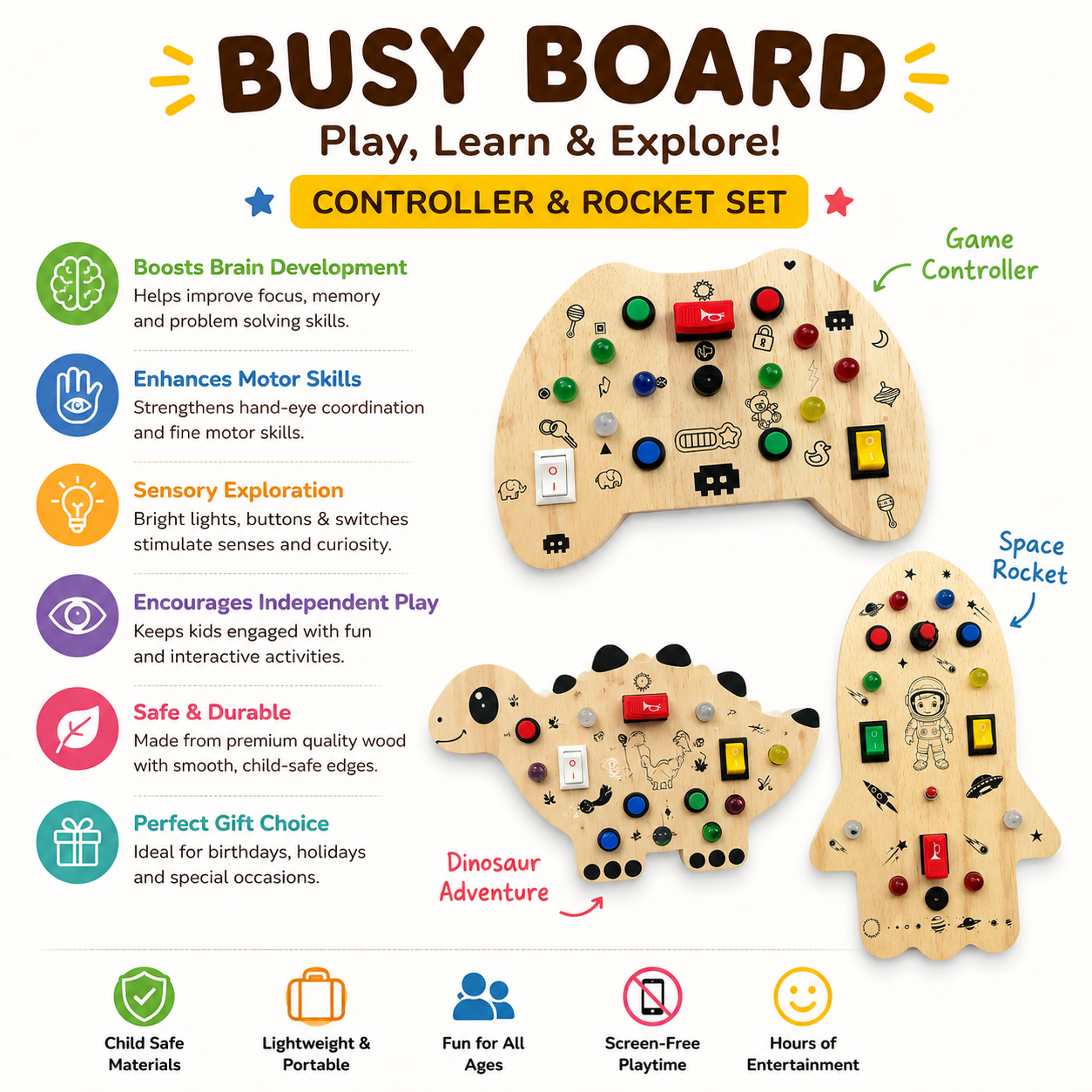 Wooden Montessori Busy Board Collection Set for Toddlers with Rocket, Dinosaur, Game Controller & Car Track Sensory Activity Toys