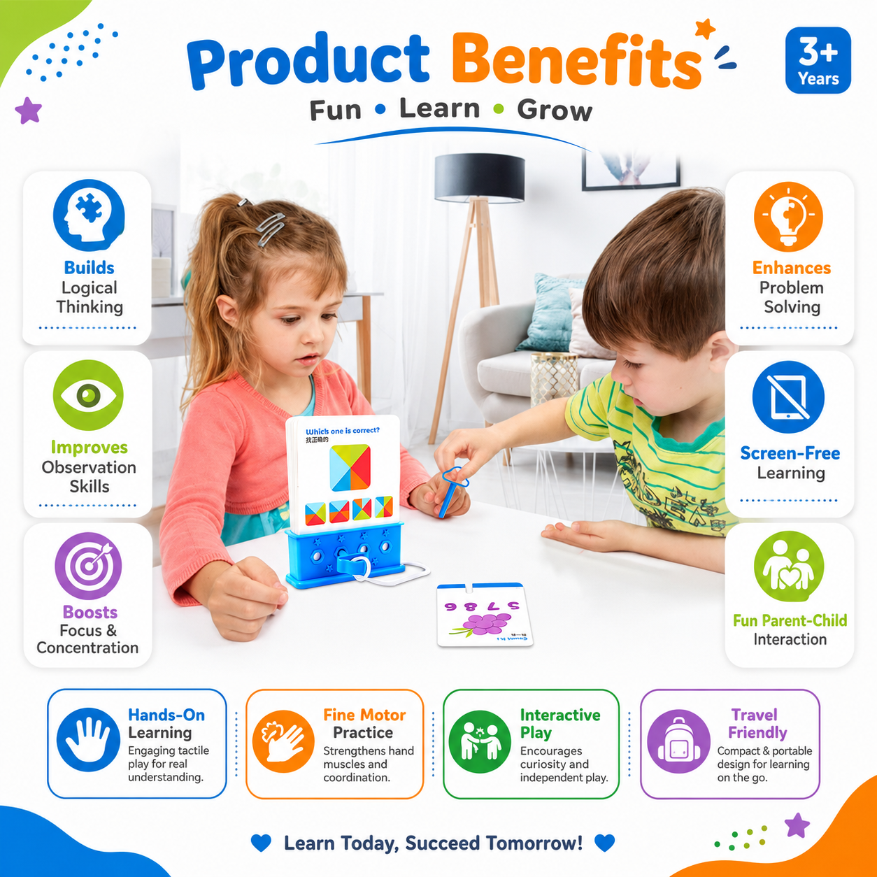 Kids Logical Thinking Puzzle Card Game with Answer Box – Educational Brain Development Toy for Pattern Matching & Counting