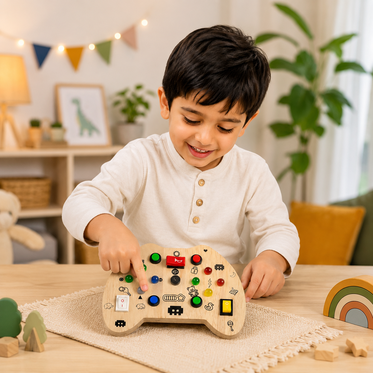 Wooden Montessori Busy Board Collection Set for Toddlers with Rocket, Dinosaur, Game Controller & Car Track Sensory Activity Toys