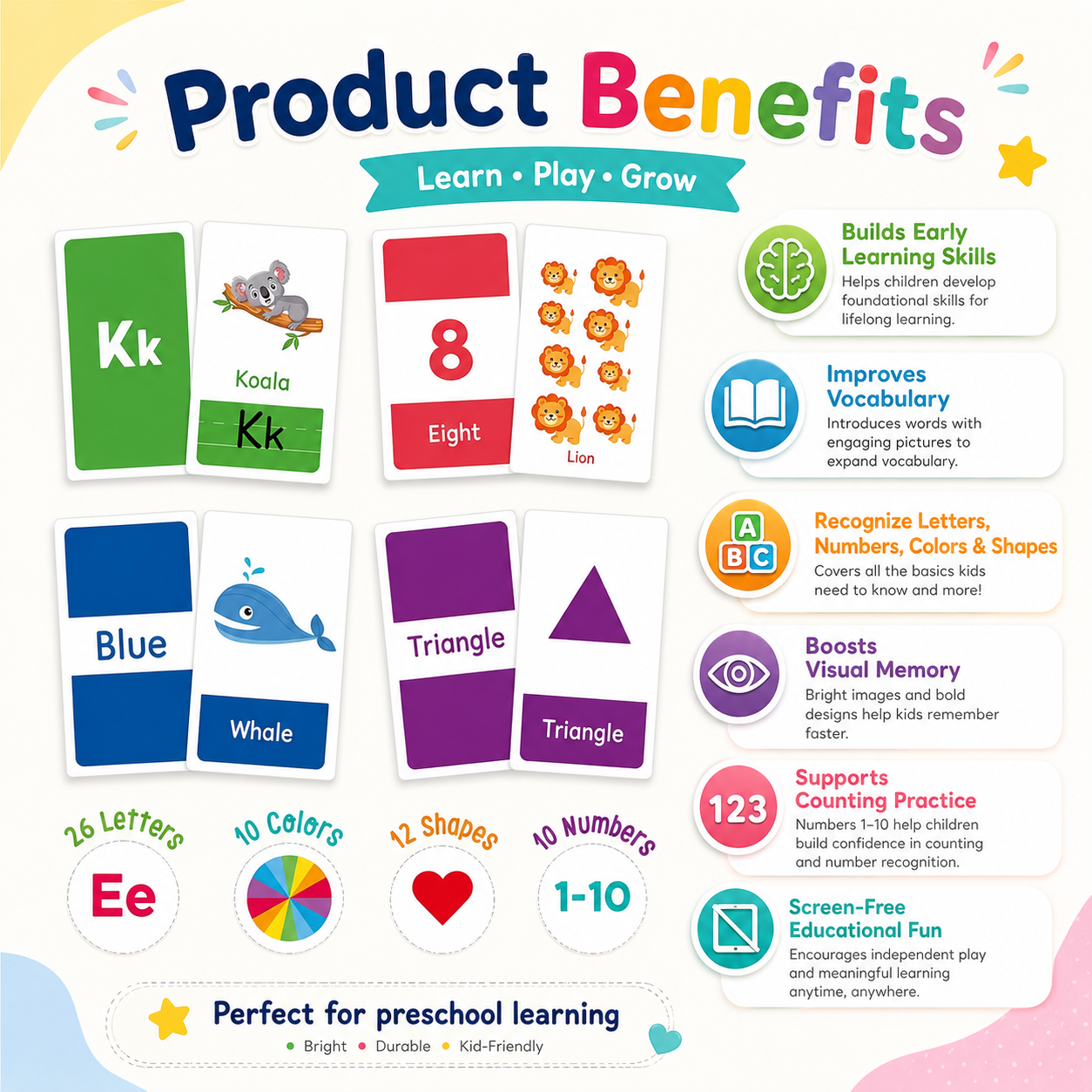 Kids Learning Flash Cards Set for Colors, Shapes, Numbers & Letters