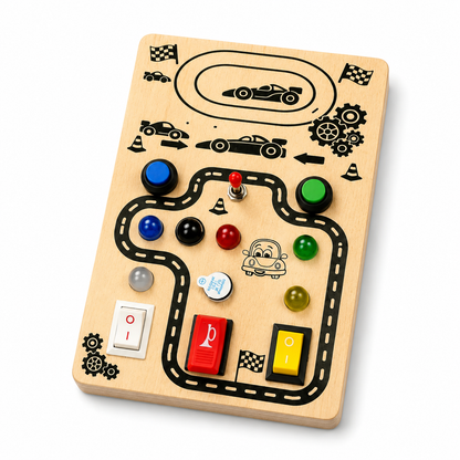 Wooden Montessori Busy Board Collection Set for Toddlers with Rocket, Dinosaur, Game Controller & Car Track Sensory Activity Toys