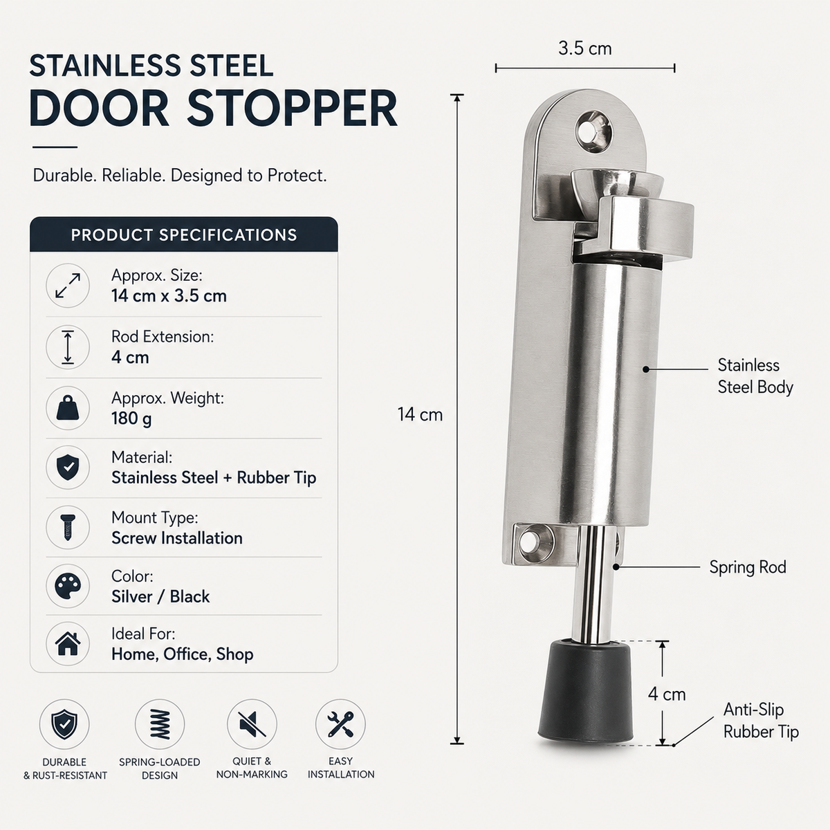 Heavy-Duty Retractable Door Stopper with Anti-Slip Rubber Grip and Screw Mount