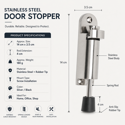 Heavy-Duty Retractable Door Stopper with Anti-Slip Rubber Grip and Screw Mount