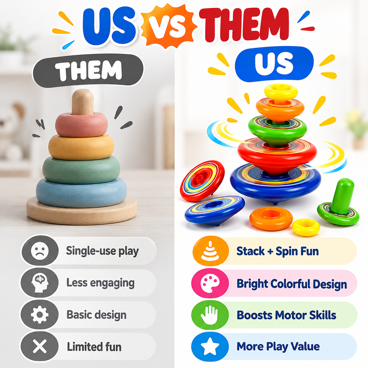 Kids Rainbow Spin & Stack Montessori Learning Toy