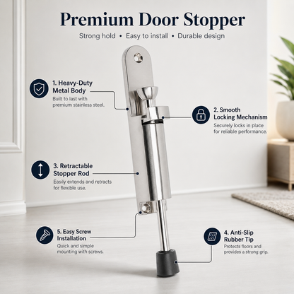 Heavy-Duty Retractable Door Stopper with Anti-Slip Rubber Grip and Screw Mount