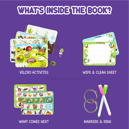 Farm Busy Book (3+ Age) – Velcro binder with farm animals, shapes, colors, counting & more to boost cognitive skills & motor development in kids