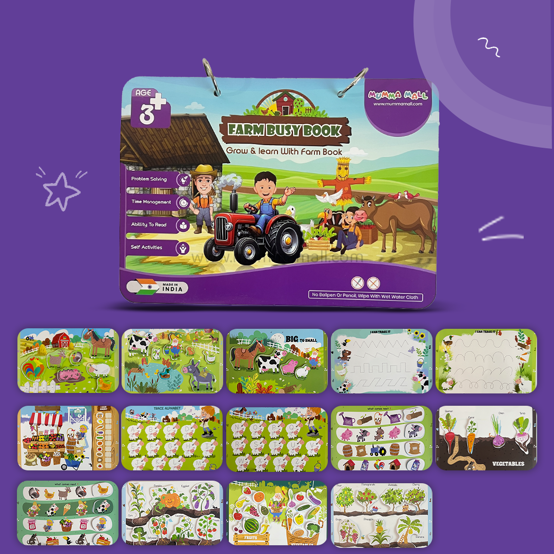 Farm Busy Book (3+ Age) – Velcro binder with farm animals, shapes, colors, counting & more to boost cognitive skills & motor development in kids