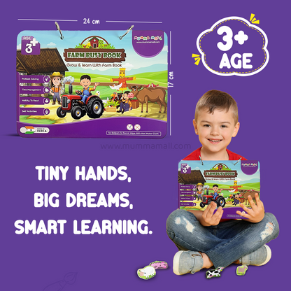 Farm Busy Book (3+ Age) – Velcro binder with farm animals, shapes, colors, counting & more to boost cognitive skills & motor development in kids