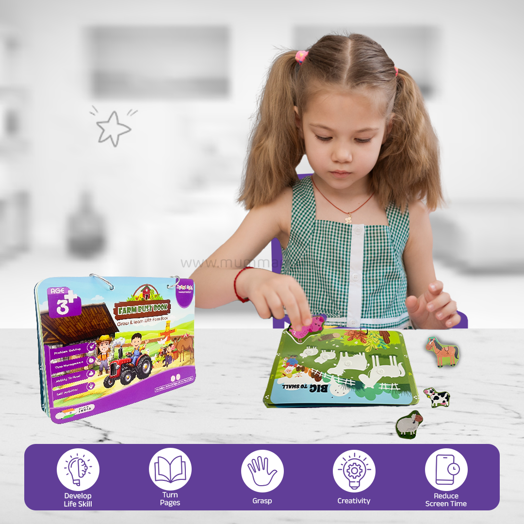 Farm Busy Book (3+ Age) – Velcro binder with farm animals, shapes, colors, counting & more to boost cognitive skills & motor development in kids