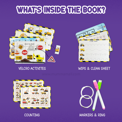 Under Construction Busy Book – Velcro Binder for Kids (3+) with construction vehicles, shapes, numbers, and problem-solving to boost motor skills & cognitive development