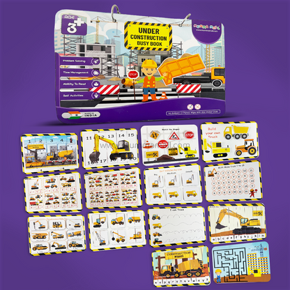 Under Construction Busy Book – Velcro Binder for Kids (3+) with construction vehicles, shapes, numbers, and problem-solving to boost motor skills & cognitive development