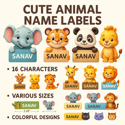 Personalized Waterproof Kids Name Stickers – Cute Animal Designs for Bottles, Lunch Boxes & School